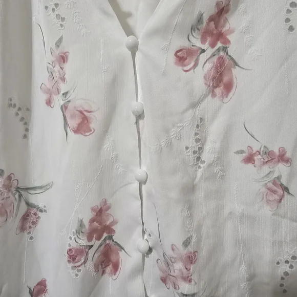 White Pink Floral Button-Up Blouse with Mandarin Collar Size Large - Cottagecore - Picture 3 of 11